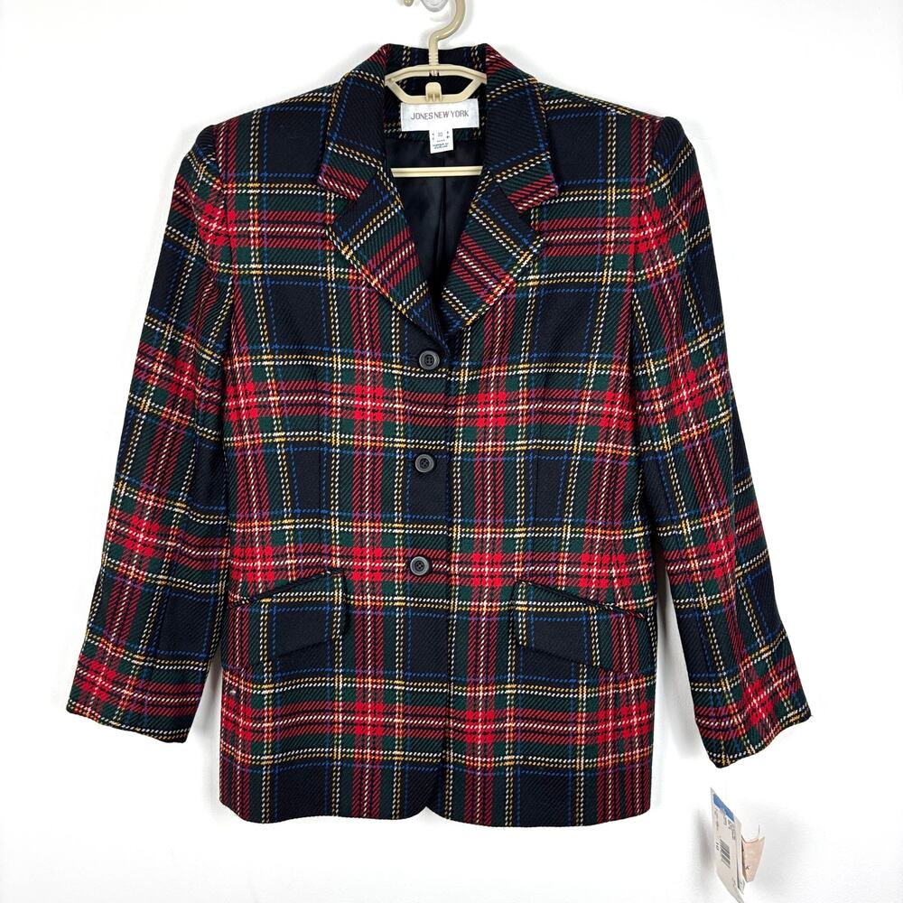 Vintage Tartan Plaid Wool Blazer Jacket 10 NEW Deadstock Jones New York Holiday